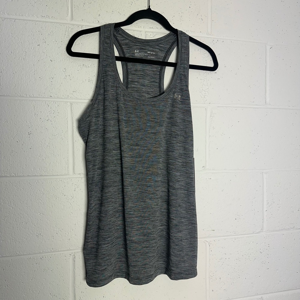 Under Armour Womens HeatGear Racerback‎ Tank Top Heather Grey MD Loose Fit New
